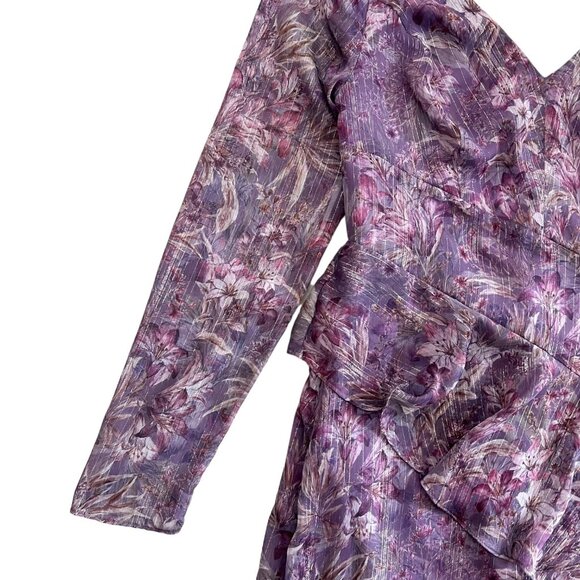 Marchesa Notte Floral Chiffon‎ Asymmetric Ruffle Maxi Dress 6 Purple Romantic - Picture 4 of 16